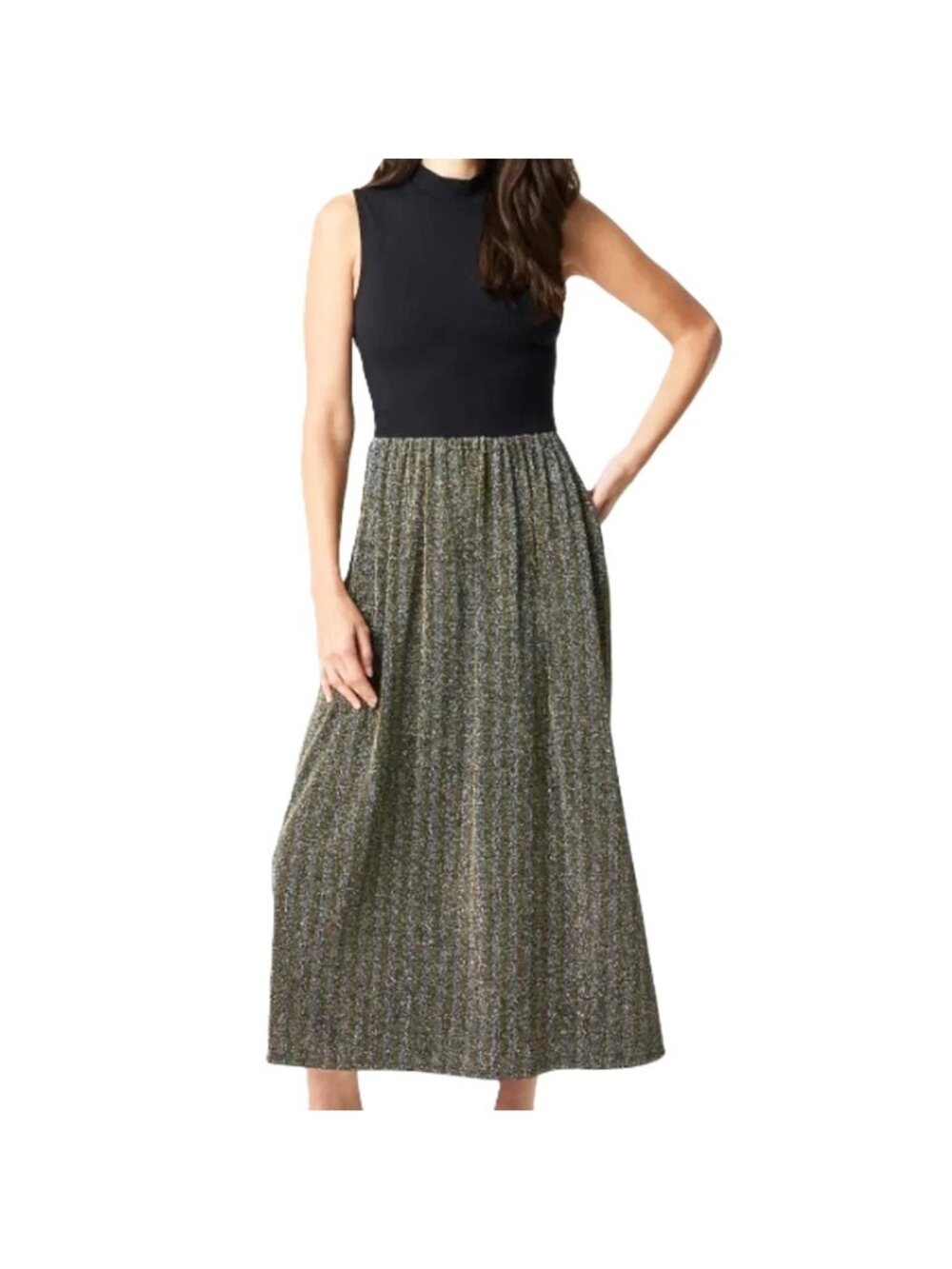 J.Crew Printed Mockneck Knit Mixed Media Mixi Midi Gold Black Dress Sparkle XSP